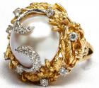 Tastefully Baroque Pearl, Diamond, and Gold Ring