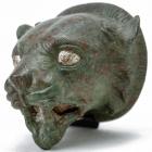 Roman Bronze Panther Head Ornament with Silver Inlay