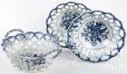 Three Rare Worcester Lattice Bowls Blue & White Pine Cone and Floral Design ca. 1765