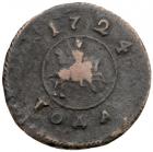 Kopeck 1724. Moscow, Kadashevsky mint. Cloak upwards, no ground below horse.