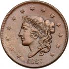 1837 N-1 R3 Plain Hair Cord, Medium Letters PCGS graded MS64 Brown, CAC Approved