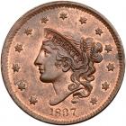 1837 N-12 R3 Beaded Hair Cord PCGS graded MS64 Red & Brown, CAC Approved