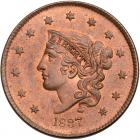1837 N-13 R2 Plain Hair Cord, Medium Letters PCGS graded MS66 Red & Brown, CAC Approved