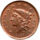 1837 N-13 R2 Medium Letters, Plain Hair Cord PCGS graded MS65 Red & Brown, CAC Approved