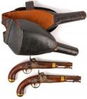 Rare Civil War Era Matched Pair of Percussion Pistols in Original Black Leather Saddle Holsters