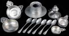 Collection of 19th Century Pewter; 7 Poringers, 6 Spoons, An Excellent Oil Lamp & 5-Quill Ink Well