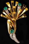 Stunning Contemporary 18K Yellow Gold, Platinum, Emerald and 1½ Carat Diamond Pin