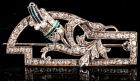 Platinum Art Deco Pin with Mine Cut Diamonds totaling 1½ Carats with Emerald and Sapphire Accents