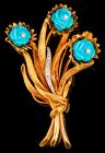 18K Yellow Gold Brooch, a Floral Bouquet of Carved Turquoise and Diamond Accents