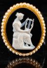 14K Yellow Gold Cameo Brooch Surrounded in 3 1/2 mm Pearls