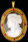 Dramatic, Large Cameo Brooch/Pendant with Ornate Gold Gilt Bezel with 8 Rubies