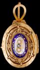 Spectacular 14K Yellow Gold Locket From Israel accented in Blue Enamel, Pearls and Sapphire