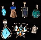 Fine Collection of 6 Sterling Silver Navajo Indian Pendants and One Zuni Butterfly Pin