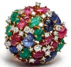 Gold Ring with Diamonds and Mughal Style Carved Sapphires, Emeralds, and Rubies