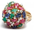 Gold Ring with Diamonds and Mughal Style Carved Sapphires, Emeralds, and Rubies - 2