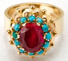 Lady's 14K Yellow Gold, Turquoise and Red Stone Ring