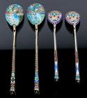 Two Pairs (4 Total) of Russian Silver and Enamel Spoons, Early 20th Century