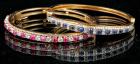 Two Beautiful 14K Yellow Gold Hinged Bangle Bracelets of Cabochon Rubies, Sapphires and Diamonds