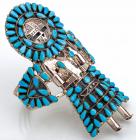 Remarkable Sterling Silver and Turquoise Sun Face Kachina Doll Cuff