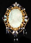 Exquisite Lady's 14K Large Carved Opal, Diamond and Sapphire Cameo Brooch