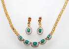 Beautiful 14K Yellow Gold Diamond and Emerald Necklace with Matching Earrings