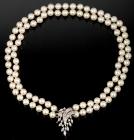 Beautful Double String of White Pearls with 14K White Gold and Diamond Removable Brooch