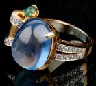 Outstanding Lady's 14K Yellow Gold 12ct Natural Cabochon Sapphire, Emerald and Diamond Ring