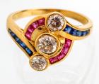 Lady's Unique 18K Yellow Gold, Diamond, Ruby and Sapphire Cocktail Ring