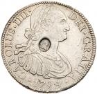 George III (1760-1820), oval countermark upon Spanish Eight Reales of King Charles IIII (1788-1808), 1792 FM