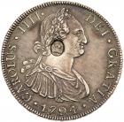 George III (1760-1820), oval countermark upon Spanish Eight Reales of King Charles IIII (1788-1808), 1794 PR