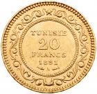 Tunisia as a French protectorate, coinage in the name of Ali Bey, gold 20-Francs, 1891A