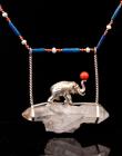 Striking and Unusual French Made Sterling Silver Elephant Atop Large Quartz Crystal with Carnelian & Lapis Beads