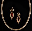 Flat Herringbone 14K Yellow Gold Necklace and 14K Earrings with Amber