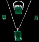 Suite of Post Earrings, Pendant Necklace and Ring of Emerald Green Onyx in Sterling Silver