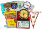 Olympic Relics Including 1924 Brass and Red Enamel Concurrent (Athlete) Badge, and Assorted Items From Other Olympic Games