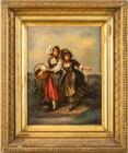 Lovely 19th Century English Painting of Two Young Sisters Off To Market, Unsigned