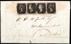 1840 1d Black Strip of 4 Tied to 1841 Mourning Letter to Dublin