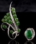 Beautiful Lady's White Gold and Jade Brooch and Matching Ring with Diamond Accents