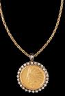 Extremely Appealing 1915 Ten Dollar Gold Piece on Rope Chain Surrounded by a Dimond Bezel totaling 3 Carats