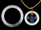 Lovely 18K Gold Chain with 18K Yellow Gold, Lapis and Jade Pendant plus Jade Bangle