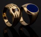 Two 14 Karat Yellow Gold Gents' Rings, One With Lapis, One With a Diamond