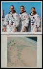 Apollo 9: Two (2) Crew Signed Photos, McDivitt, Scott and Schweickart White Suit Portrait Litho and Partial View of Earth