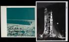 Two (2) Apollo 12 Crew Signed NASA Photos, Gordon, Bean and Conrad: Saturn Rocket (B&W Photo) and on Surface of the Moon (Grey T