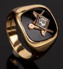 Men's Vintage 14K Yellow Gold Masonic Ring Centered with a Single Diamond