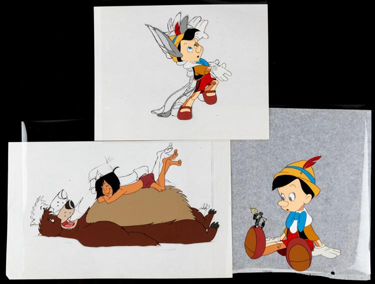 Three 3 Disney Animation Cels Two Of Pinocchio And From The Jungle Book Mowgli And Baloo 