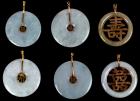 Six Lovely Jade Pendants All with 14K Yellow Gold Loops with Characters Meaning Good Fortune; Perfect for the Holiday Gift Givin