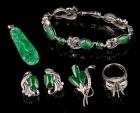 Lovely Ensemble of 14K White Gold, Diamond and Spinach Jade Jewelry