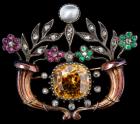 Rare 19th Century Victorian Citrine, Ruby, Emerald, Pearl and Diamond Brooch in 14K Rose Gold