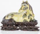 Chinese Sancai Pottery of a Recumbent Horse on Elaborate, Hand Carved Rosewood Stand