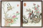 Two (2) Beautiful 20th Century, Large Chinese Handpainted Tiles: Pheasant, Swallow and Roses & Swallows Tending Their Nest